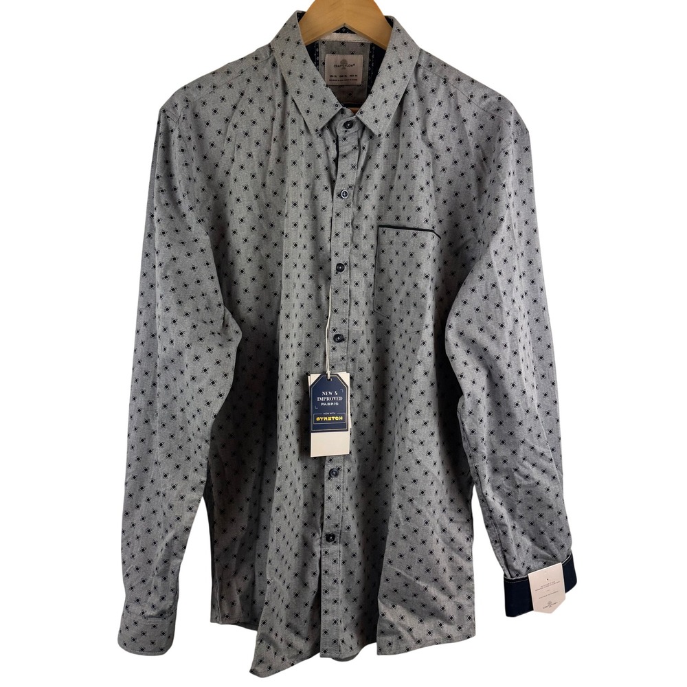 Craft + Flow Button Down‎ Shirt Mens XL Grey Navy Motion Geo Stretch Long Sleeve
